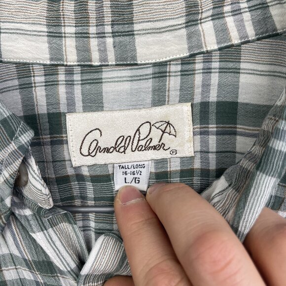 VTG Arnold Palmer Shirt Men L Tall Blue Green Button Down Silk Feel Read - Picture 7 of 15